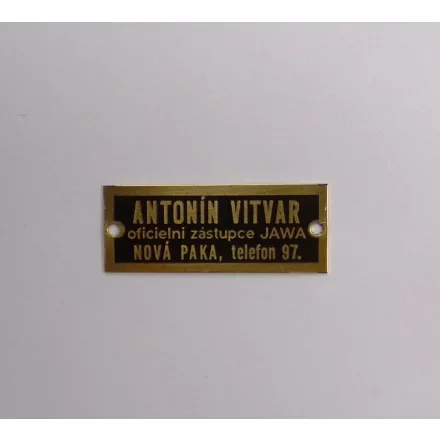 Típus címke, ANTONIN VITVAR, 47 x 18 mm, sárgaréz