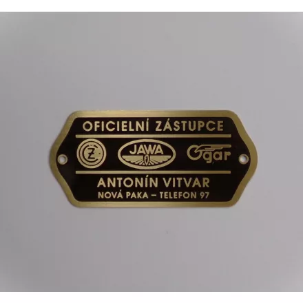 Típus címke, ANTONIN VITVAR, 60 x 38 mm, sárgaréz