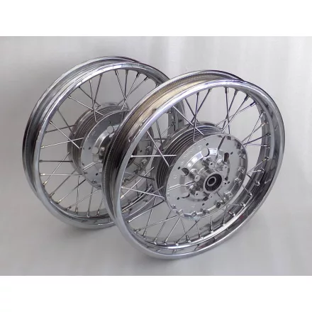 Kerekek - szett, első, hátsó, eredeti, felújítás után, kerékagyak - elektropolírozott, Jawa 250/350 Kyvacka